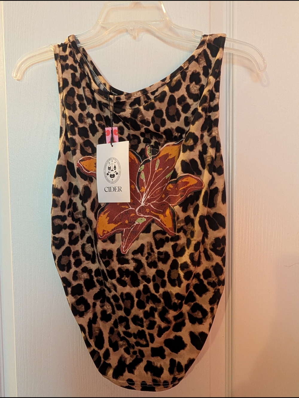 Cider Leopard Print Tank Top with Floral Applique - Brown & Black